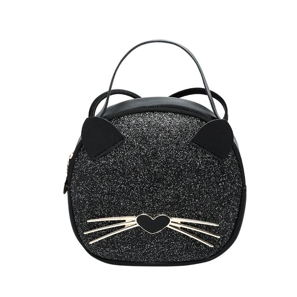 Cute Black Cat Glitter Front Purse